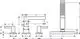 Hansgrohe Armatur mit vier Öffnungen, Unterbau und Bedienhebeln. Abmessungen sind schematisch im Bild dargestellt. Klare Linien und modernes Design.